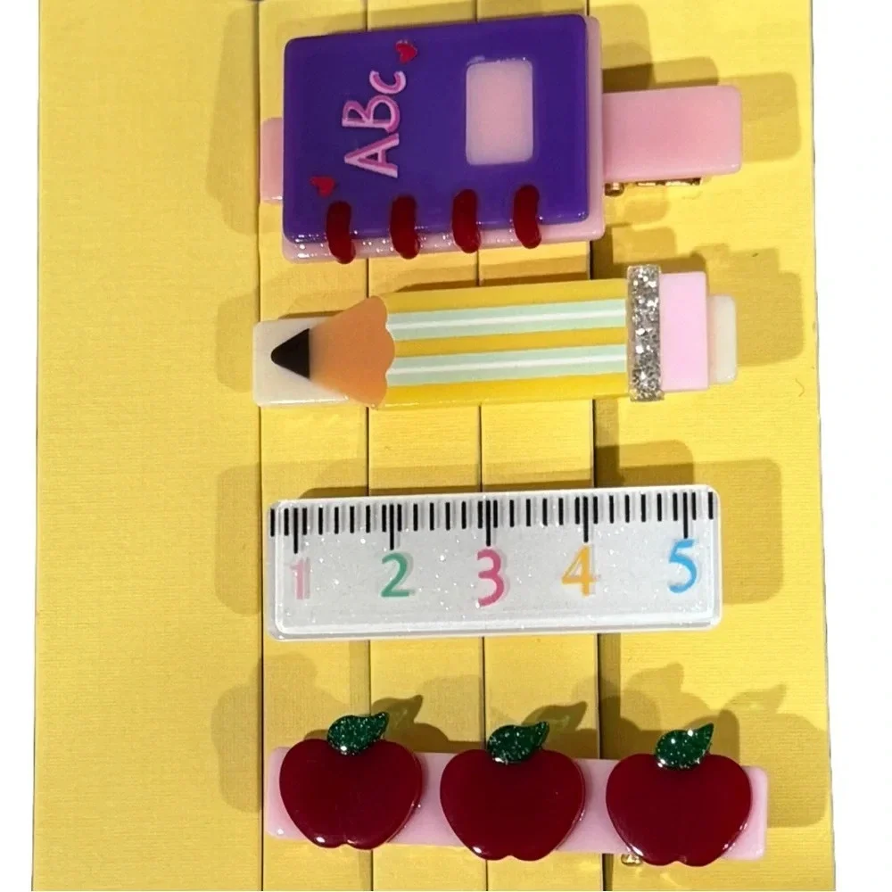NWOT Set 4 Piper K Barrettes - Ruler, Pencil, Apple, Notebook -Teacher School